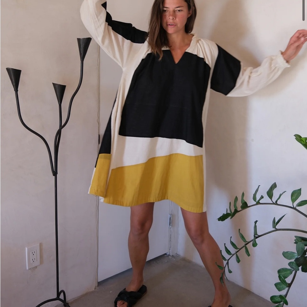 World of Crow Midi Dress Colorblock Dress in Black, White, and Yellow